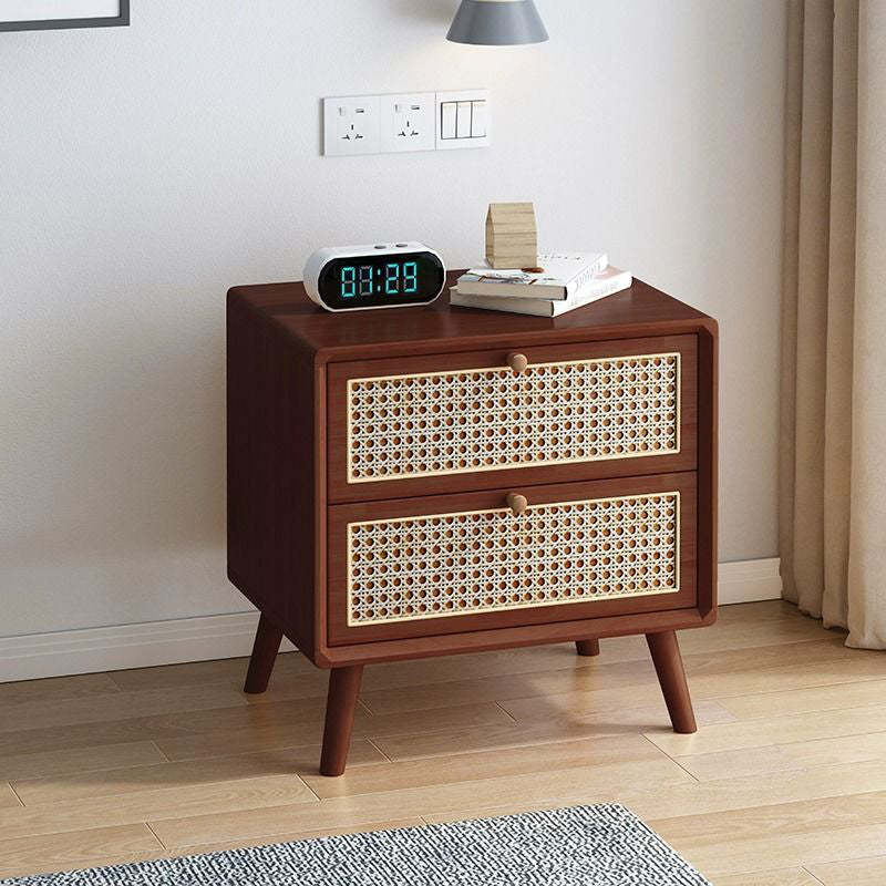 Modern Wood Rattan 2-Drawer Side Table — Walnut Wood Color