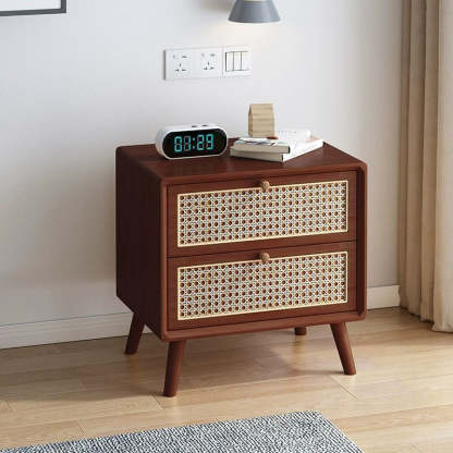 Modern Wood Rattan 2-Drawer Side Table — Walnut Wood Color