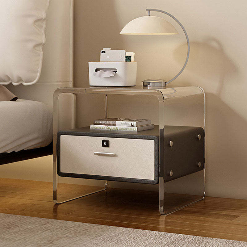 Minimalist Acrylic Wood Metal 1-Drawer Nightstand — Drawer With Fingerprint Lock / Light Gray & White