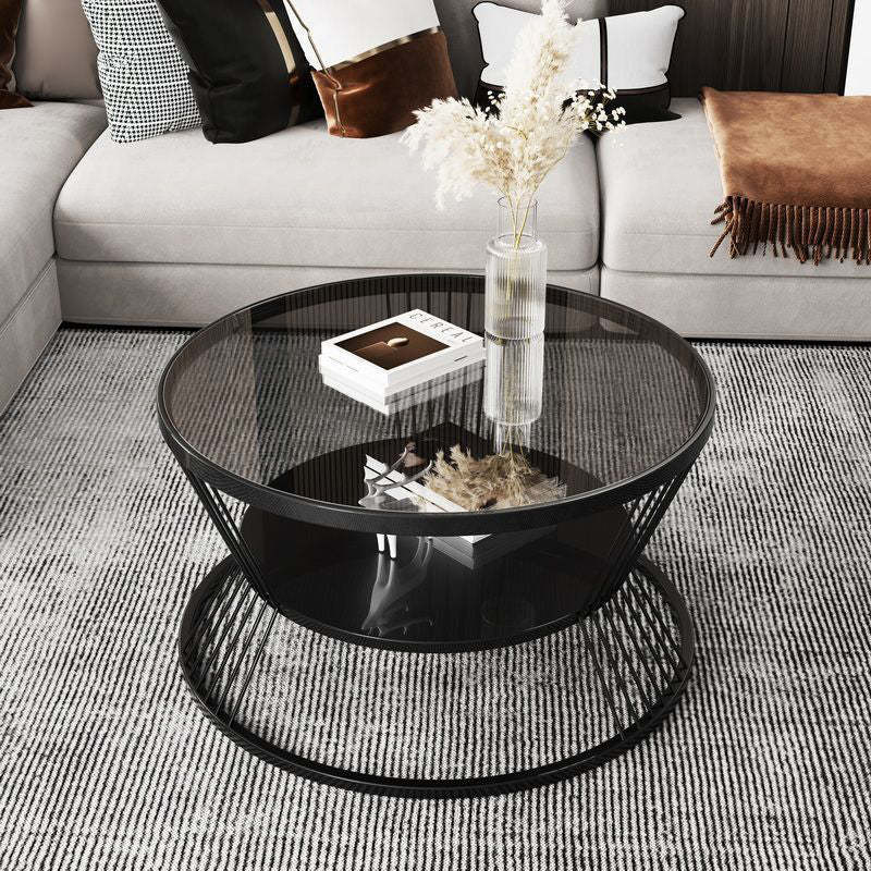 Modern Tempered Glass 2-Tier Coffee Table — Black Frame - Gray Tempered Glass