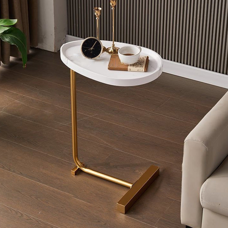 Minimalist Oval Engineered Wood Iron End Table — Walnut + Black Frame