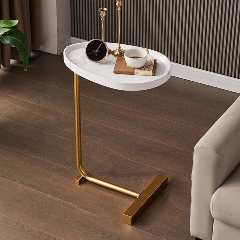 Minimalist Oval Engineered Wood Iron End Table — Walnut + Black Frame