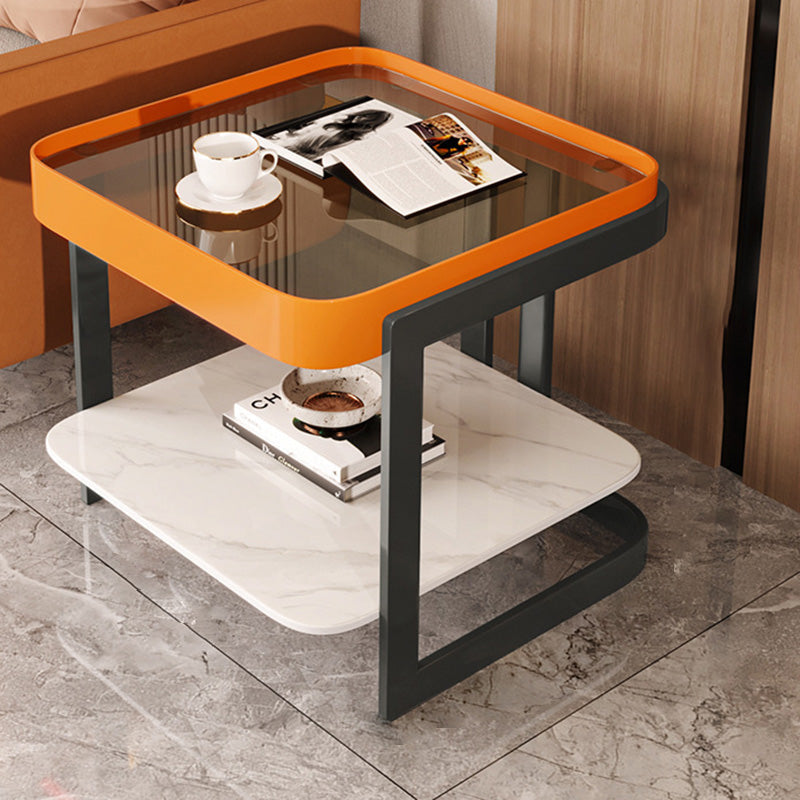 Modern Luxury Glass Rock Slab Iron 2-Tier Coffee Table