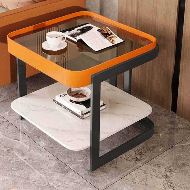 Modern Luxury Glass Rock Slab Iron 2-Tier Coffee Table — White Frame + Brown Rock Slab