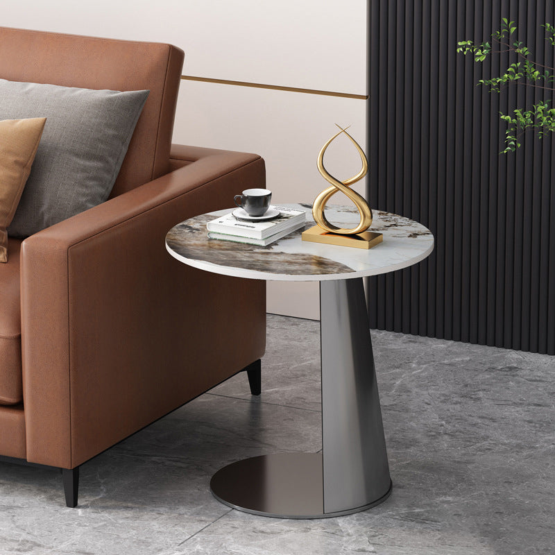 Nordic Round Rock Slab Steel Coffee Table — Brown