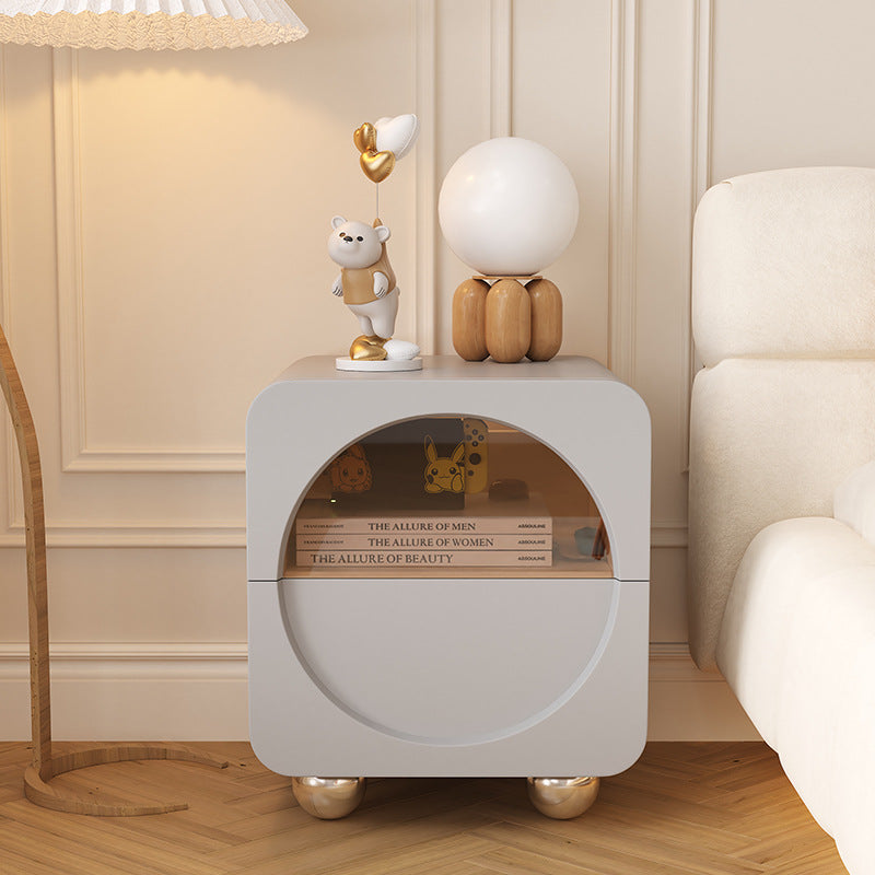 Minimalist Solid Wood Glass Square Nightstand 2-Drawer — Light Gray