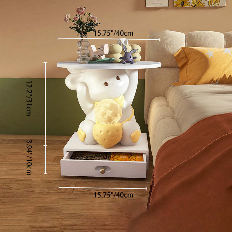 Modern Art Deco Kids Rabbit Resin Wood End Table 1-Drawer — End Table With Large Drawer / Pink
