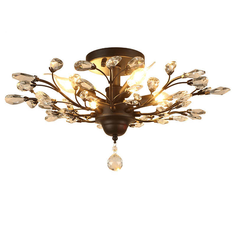 European Branch Iron Crystal Semi-Flush Ceiling Light