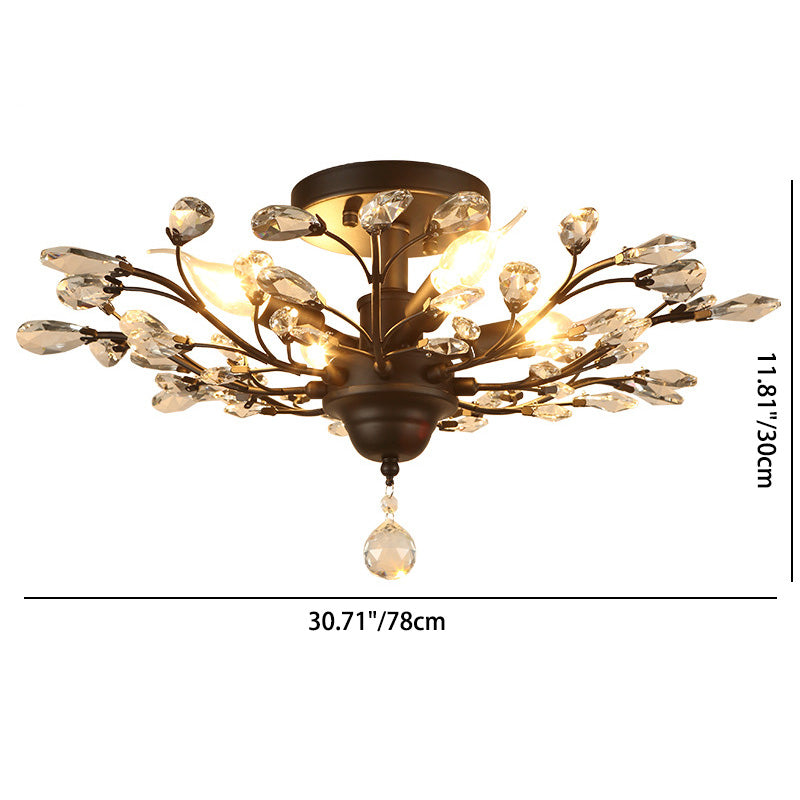 European Branch Iron Crystal Semi-Flush Ceiling Light — 5 / Black / 220V-240V For UK/AU