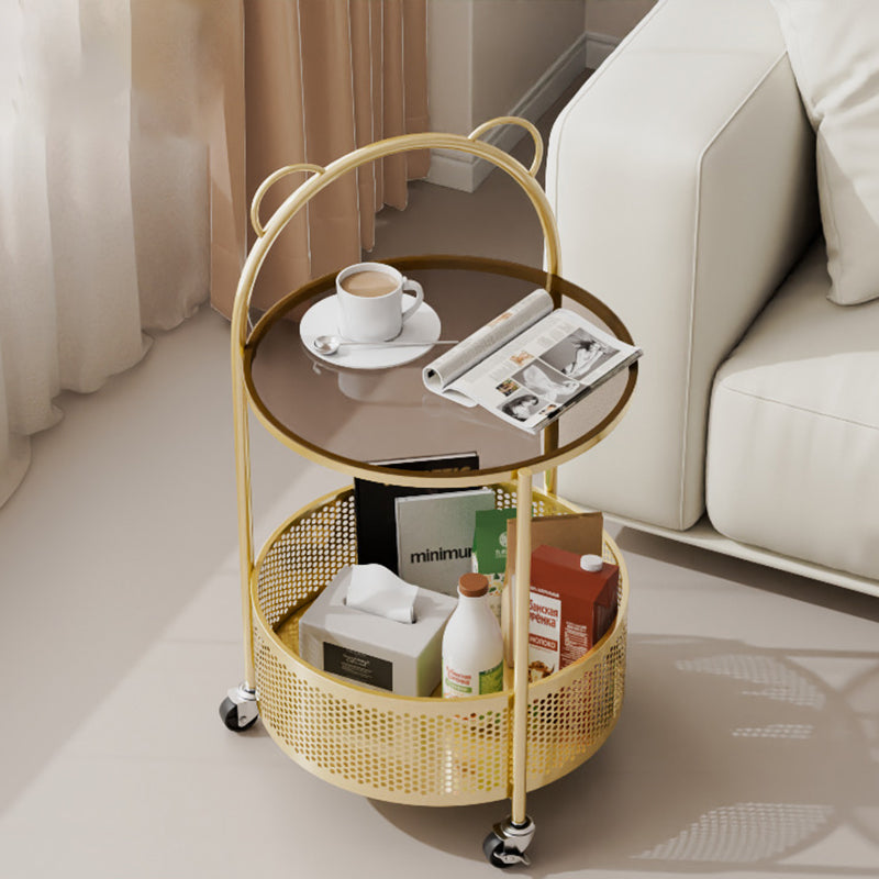 Contemporary Round Glass Movable 2-Tier Side Table — Champagne Gold Frame + Brown Glass Tabletop