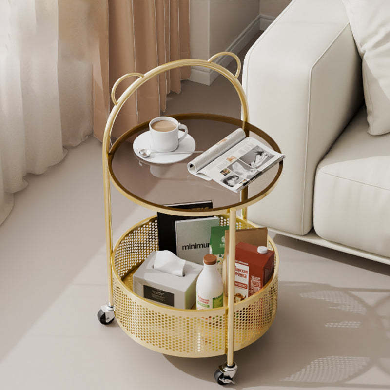 Contemporary Round Glass Movable 2-Tier Side Table — Champagne Gold Frame + Brown Glass Tabletop