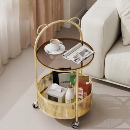 Contemporary Round Glass Movable 2-Tier Side Table — Champagne Gold Frame + Brown Glass Tabletop