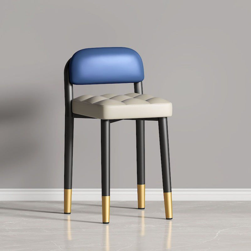 Modern Fabric Upholstered Low Back Vanity Stool — Beige Leather Seat + Blue Backrest