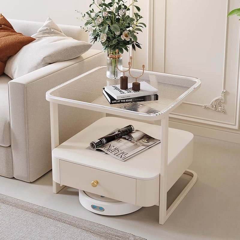 Scandinavian Cream Metal Square End Table 1-Drawer — Snowy Mountain White Slab