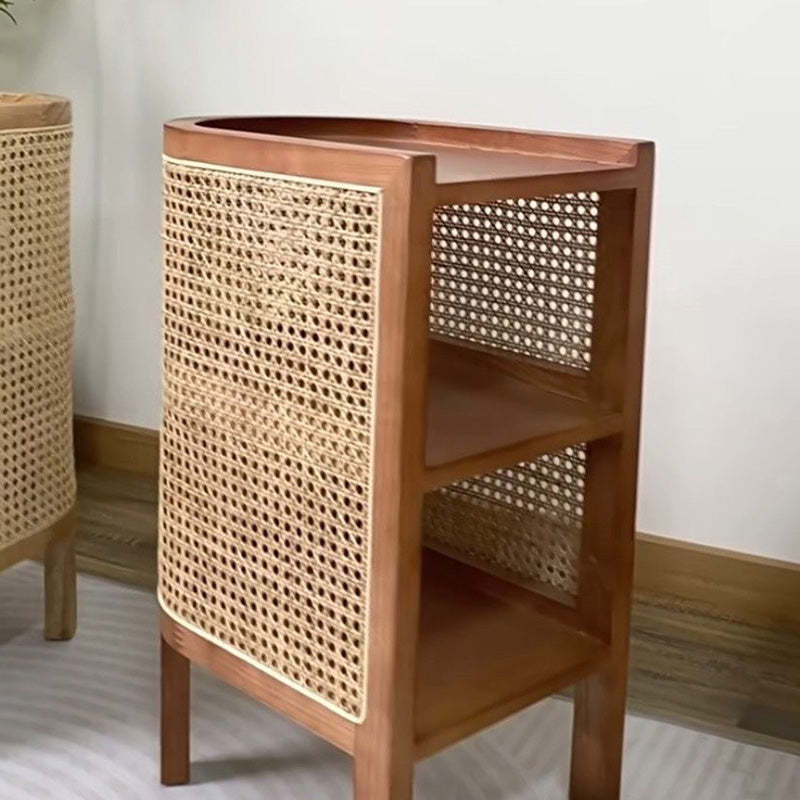 Japanese Rattan Ash Wood Weaving Nightstand 2-Storage