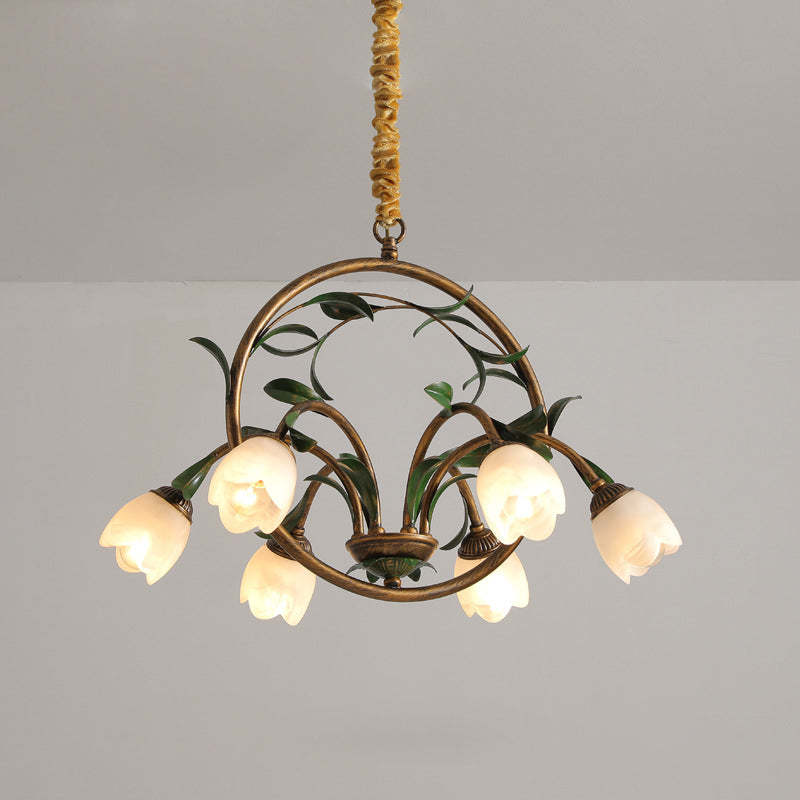 Art Deco Iron Lacquered Ring Tulip Glass Crystal Chandelier