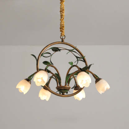 Art Deco Iron Lacquered Ring Tulip Glass Crystal Chandelier