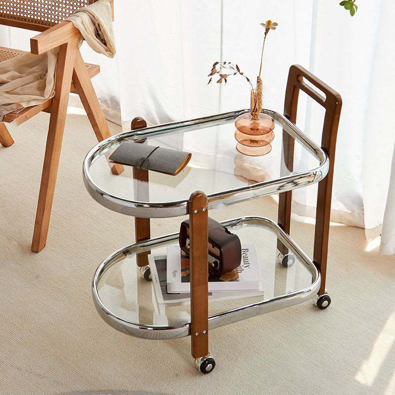 Japanese Oval Wood Steel Glass 2-Tier End Table — Walnut Frame + Teal Glass