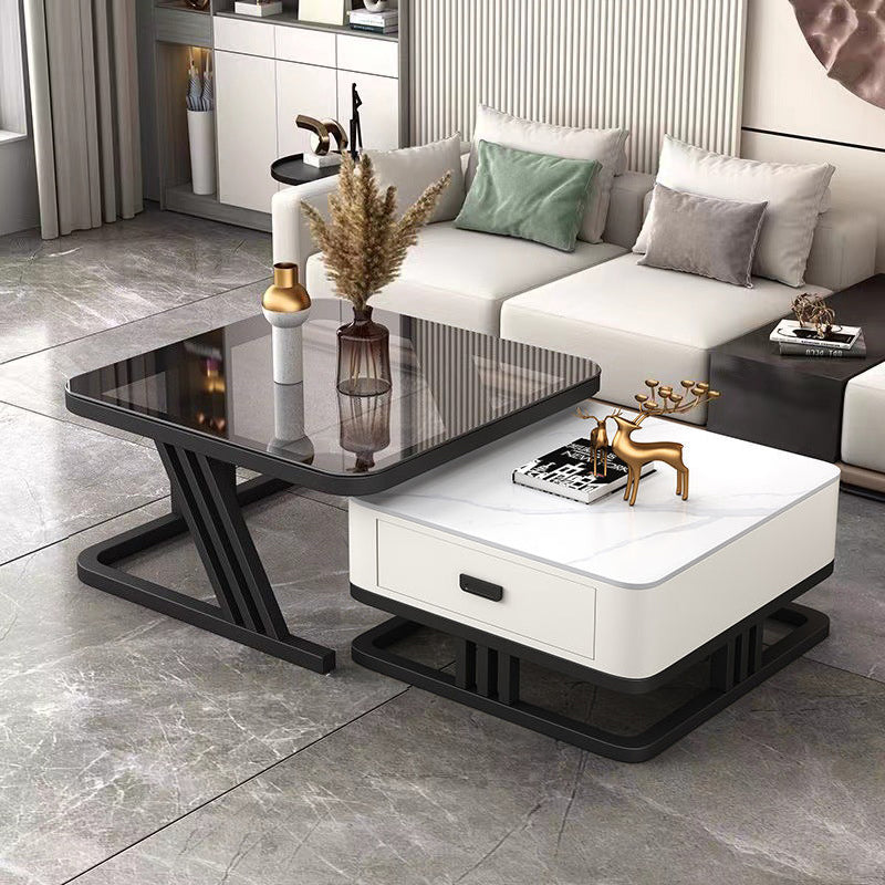 Modern Iron Frame Nesting Coffee Table — Gray Glass Tabletop+ White Slate Tabletop +White Drawer