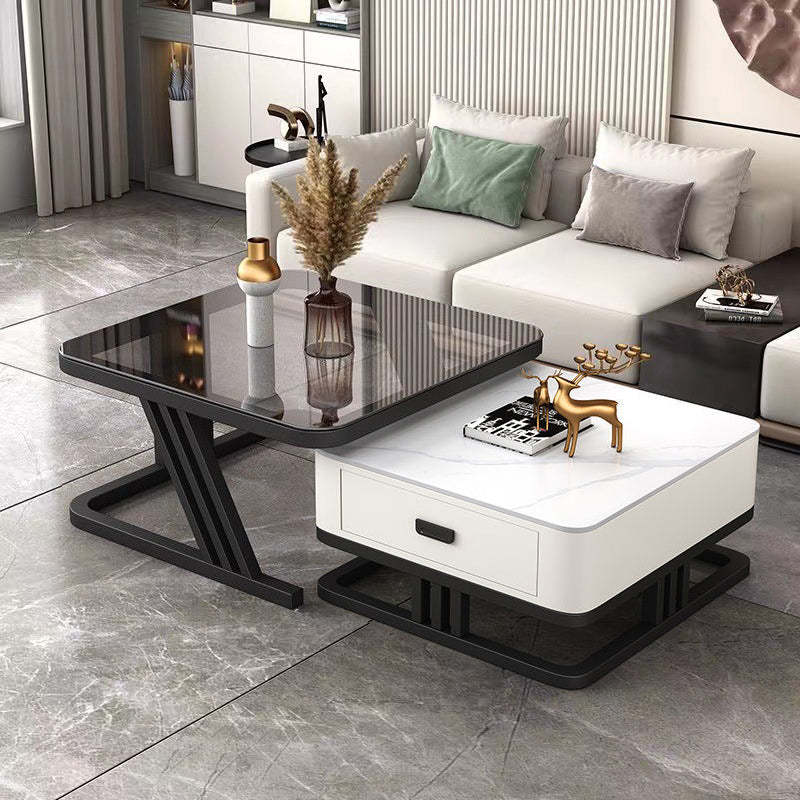 Modern Iron Frame Nesting Coffee Table — Gray Glass Tabletop+ White Slate Tabletop +White Drawer