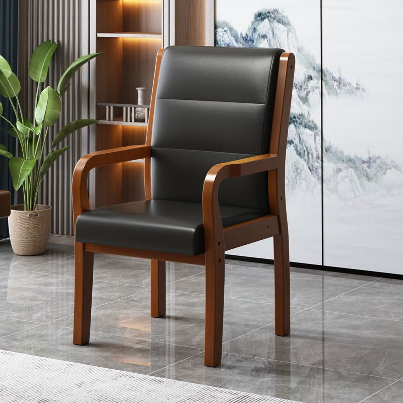 Modern Wood Fabric Leather Armchair — Black Leather
