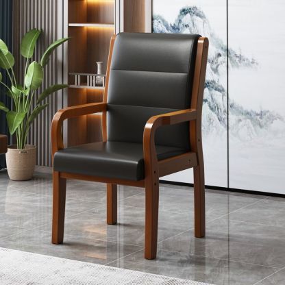 Modern Wood Fabric Leather Armchair — Black Leather