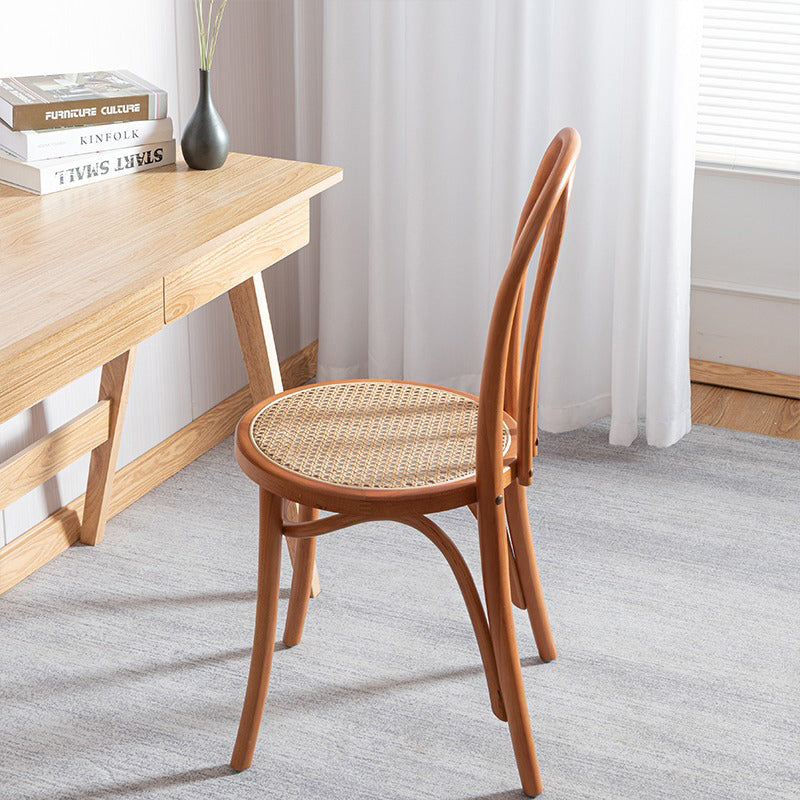 Scandinavian Round Rattan Wood Vanity Stool — Cherry Wood / B