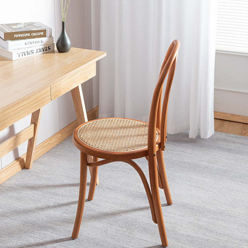 Scandinavian Round Rattan Wood Vanity Stool — Cherry Wood / B