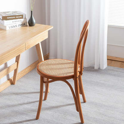 Scandinavian Round Rattan Wood Vanity Stool — Cherry Wood / B