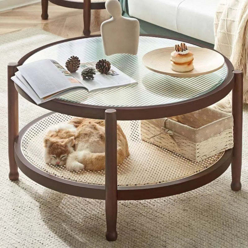 Minimalist 2-tier round glass rattan wood coffee tables