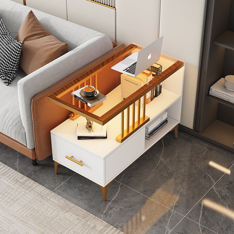 Contemporary Glass 2-Tier End Table — White Cabinet + Gold Frame + Brown Glass Tabletop