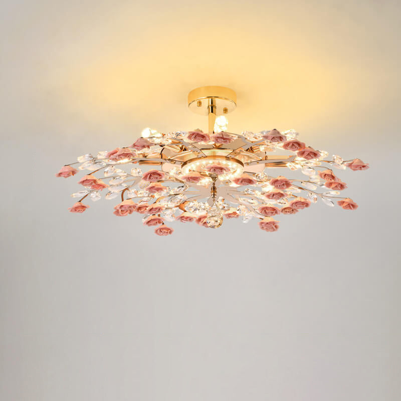 Modern Luxury Rose Iron Ceramic Crystal Chandelier