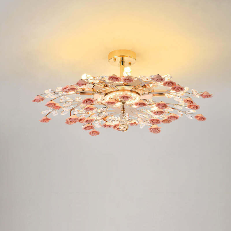 Modern Luxury Rose Iron Ceramic Crystal Chandelier