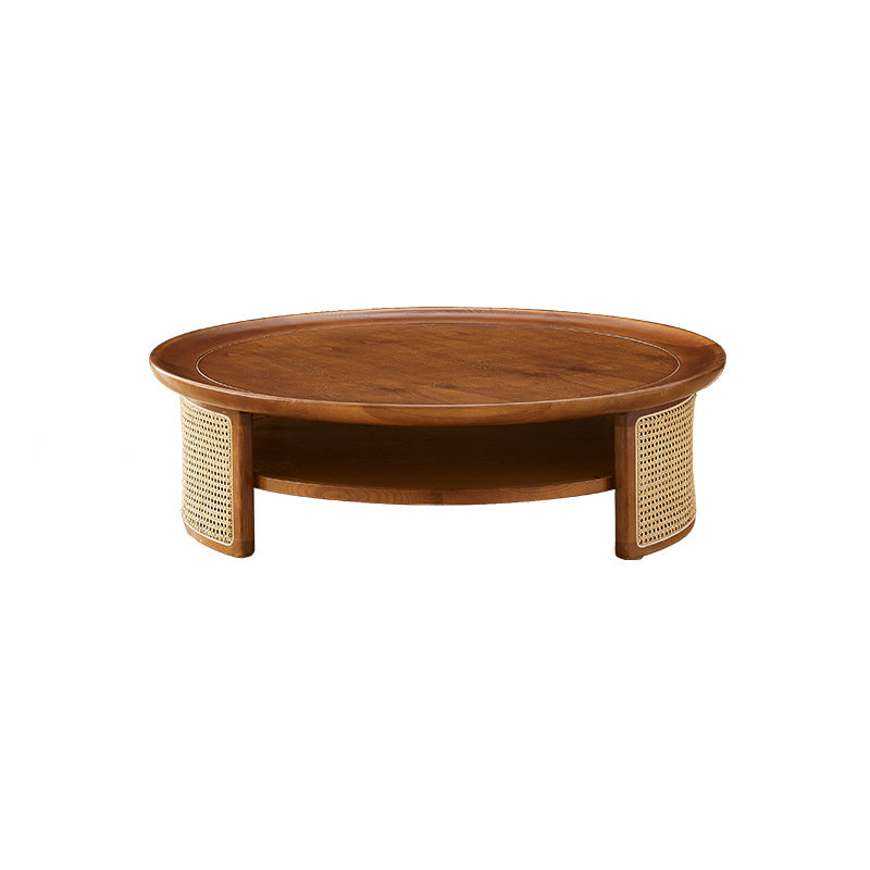 Nordic Round Wood Rattan 2-Tier Coffee Table