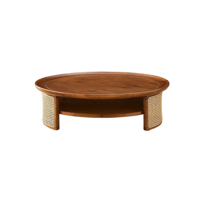Nordic Round Wood Rattan 2-Tier Coffee Table