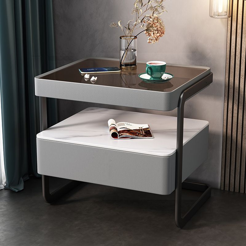 Minimalist Lock Tempered Glass Iron Nightstand — Light Gray - Without Lock