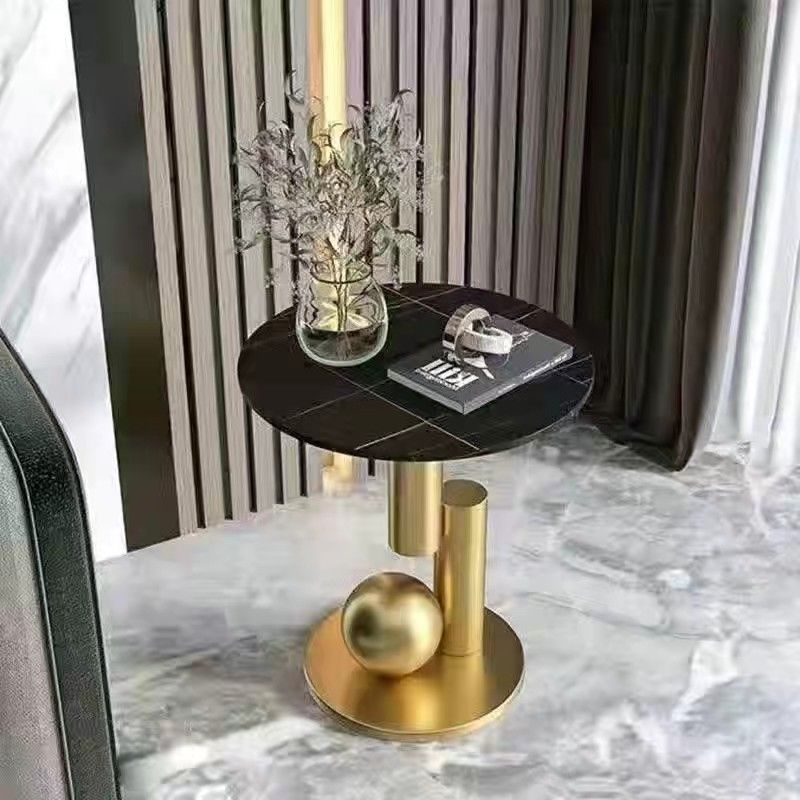 Scandinavian Single-Leg Rock Metal Coffee Table — White - Black