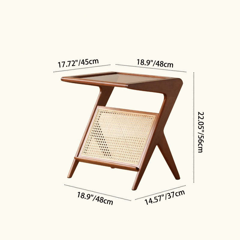 Japanese Rattan Rectangular Side Table 1-Shelf — Cherry Wood - Cherry Wood Color / Tea Color Glass