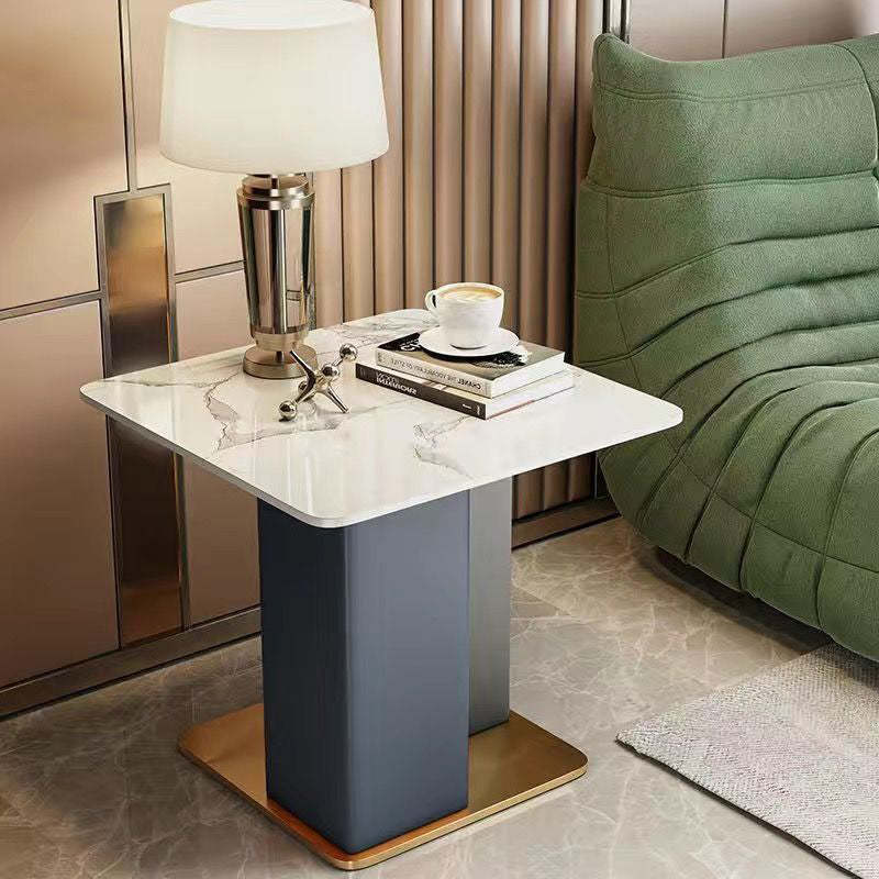Scandinavian Slate Leather Wood Steel End Table — White & Brown / Brown