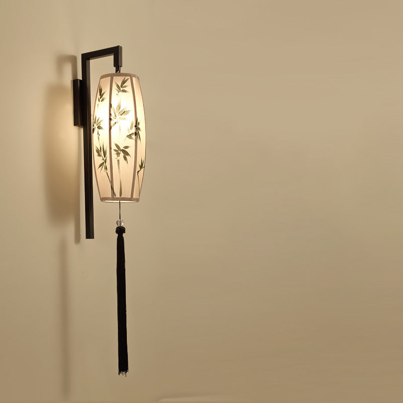 Chinese Vintage Painted Fabric Lantern Tassel Sconce — Green Bamboo Shade / 220V-240V For UK/AU