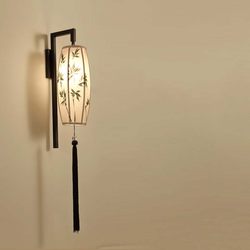 Chinese Vintage Painted Fabric Lantern Tassel Sconce — Green Bamboo Shade / 220V-240V For UK/AU