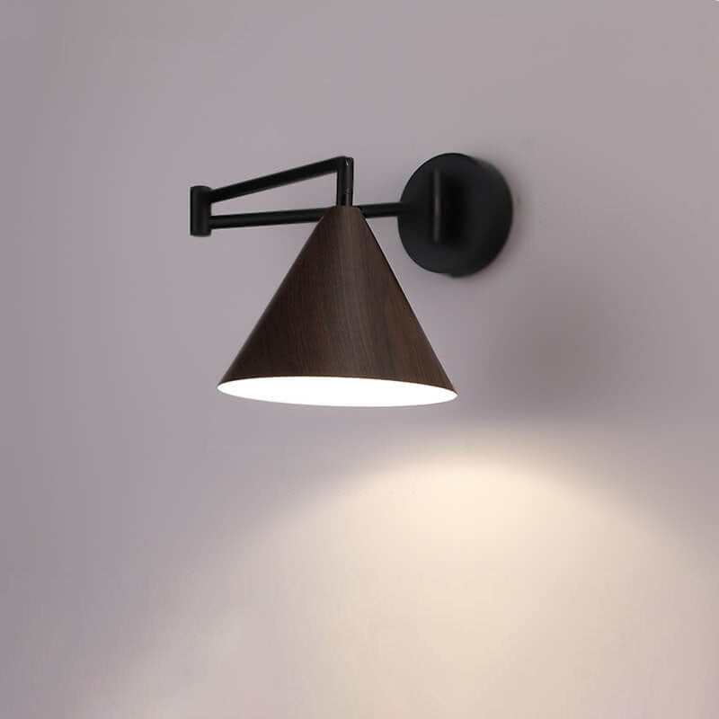 Nordic Cone Swing Arm Wood Grain Iron Wall Sconce