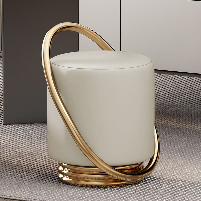Contemporary Microfiber Leather Cylinder Vanity Stool — A / Off-White Seat + Gold Frame