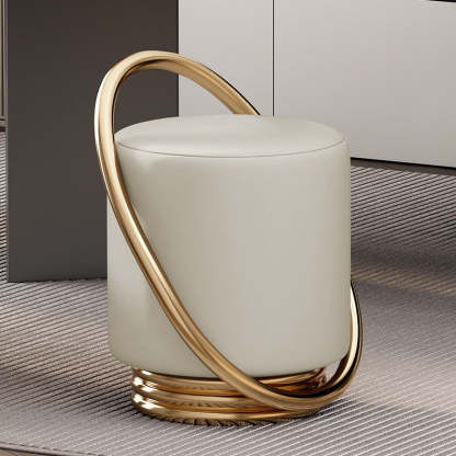 Contemporary Microfiber Leather Cylinder Vanity Stool — A / Off-White Seat + Gold Frame