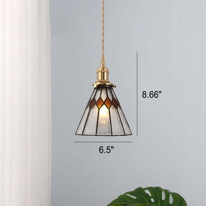 Japanese Vintage Brass Stained Glass Cone Pendant
