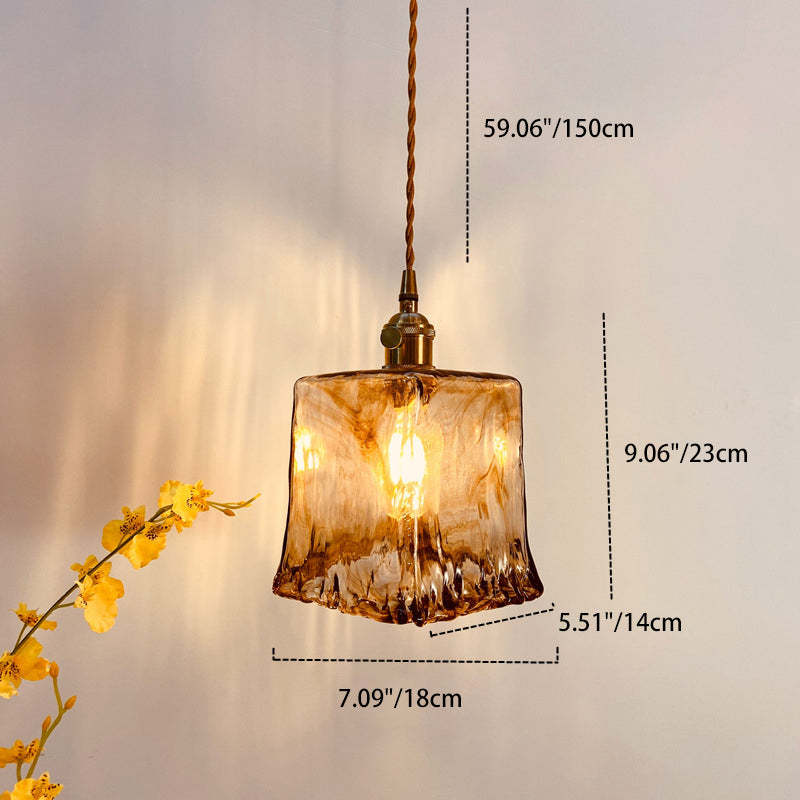 Vintage Amber Square Glass Brass Pendant — D / 110V-120V For US/CA