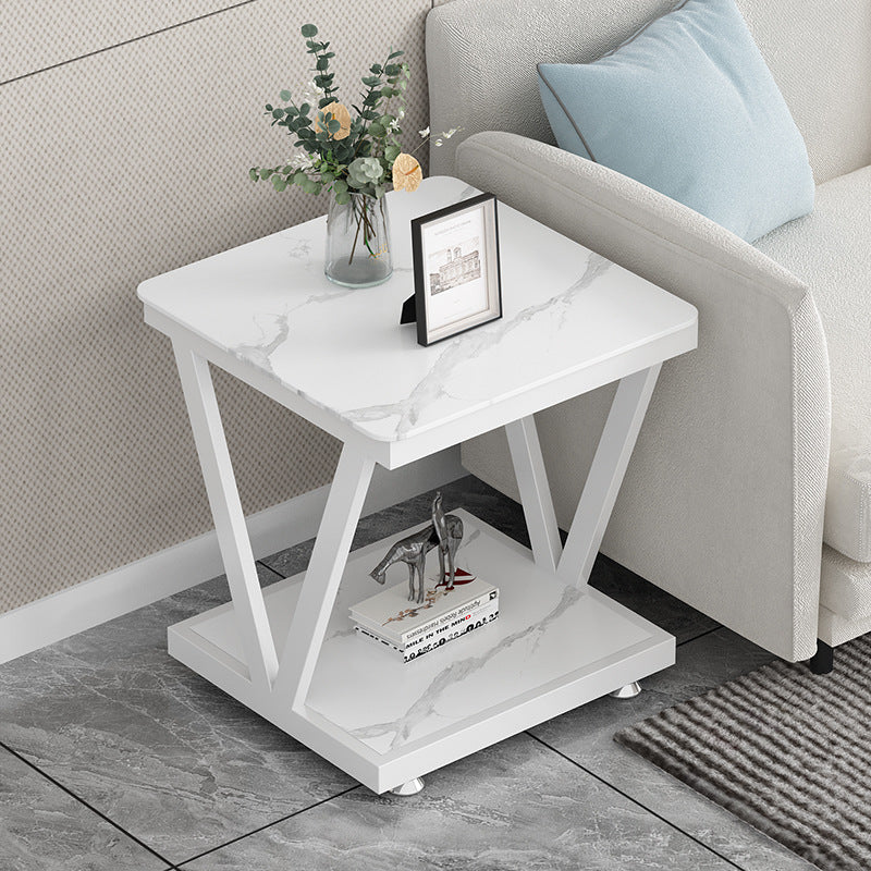 Modern Square Steel 2-Tier End Table — White Table Top + Black Frame