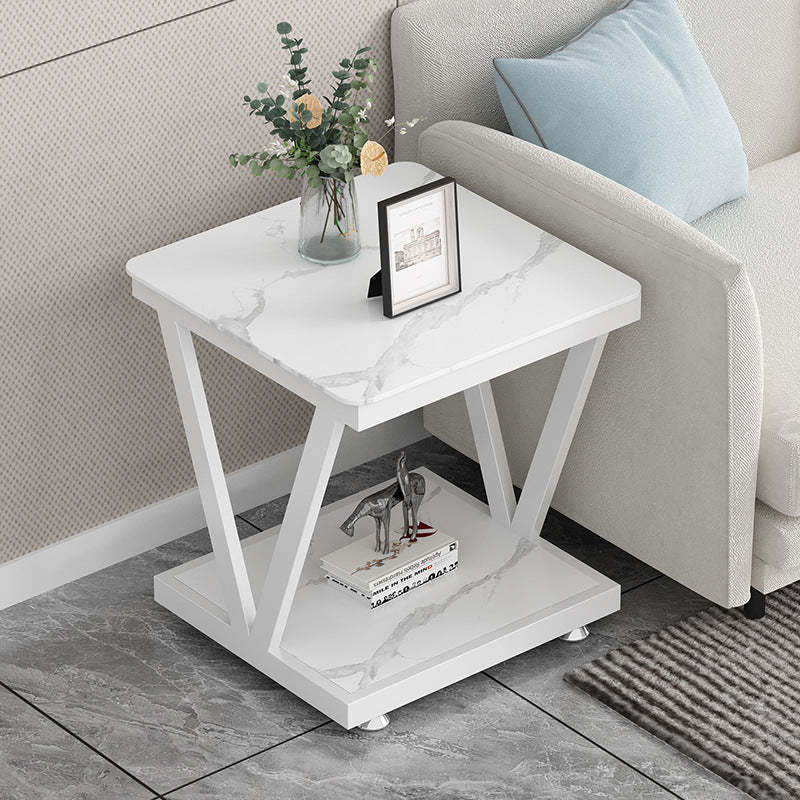 Modern Square Steel 2-Tier End Table — White Table Top + Black Frame