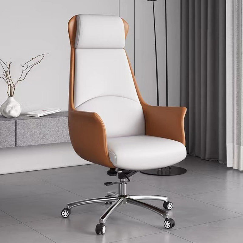 Minimalist High-Back Leather Steel Desk Chair — Brown