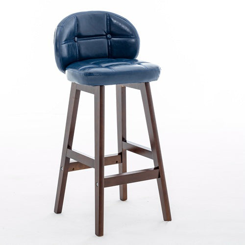 Minimalist Wood Leather Bar Stool — Wood Color / Blue
